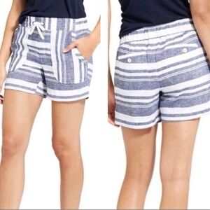 Athleta Size 4 Striped 100% Linen Short Summer Beach Pockets  White Navy